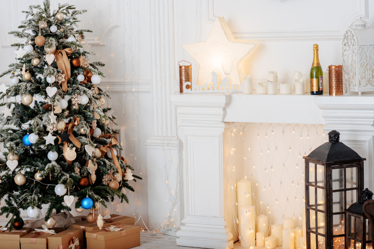 A festive image featuring a Christmas bucket list surrounded by ornaments, lights, and a cozy fireplace.