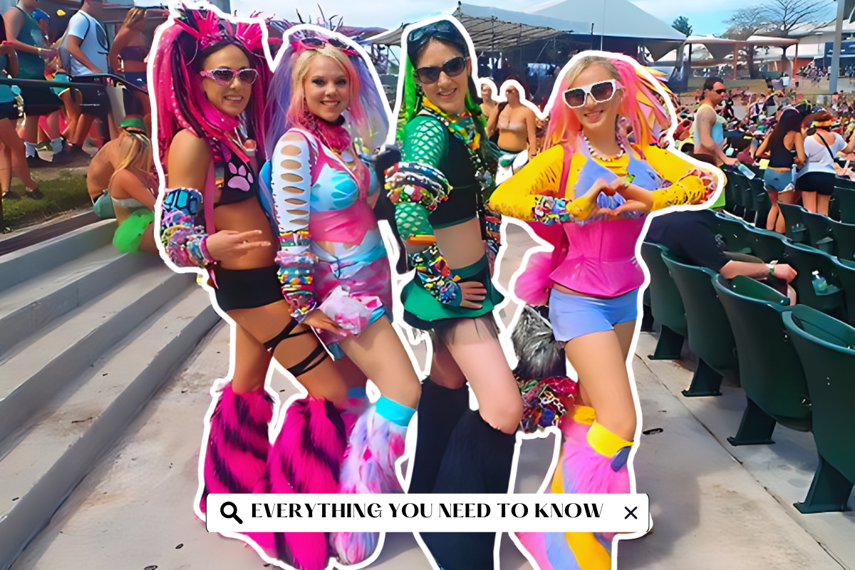 Image featuring a group of people dressed in 90s rave fashion, wearing neon-colored clothing and accessories, embodying the vibrant spirit of the rave culture.