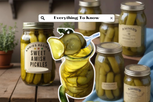 A jar of Annie's Recipes for Sweet Amish Pickles, showcasing fresh cucumbers in a sweet and tangy brine, ready to enjoy.