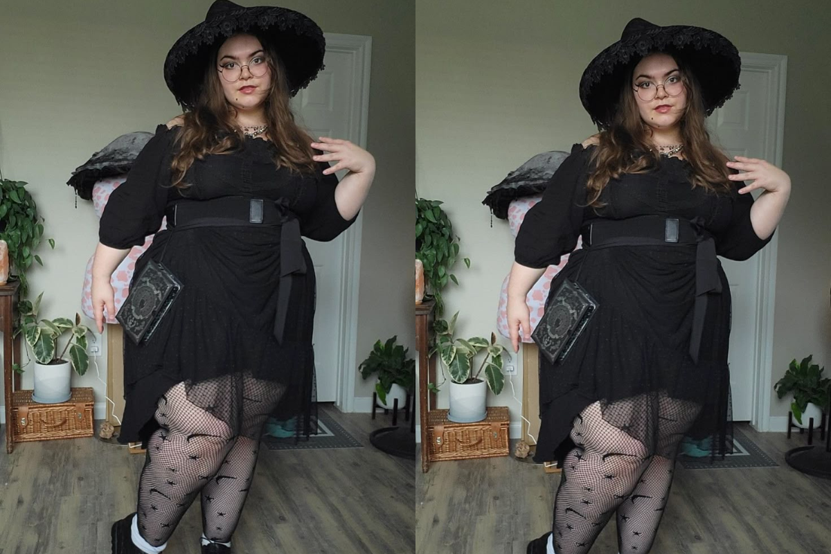 A plus-size girl confidently posing in a stylish punk outfit, featuring bold colors, edgy accessories, and a unique blend of attitude and fashion.