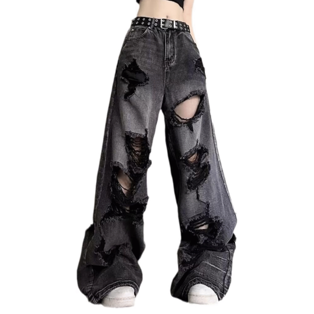 Baggy ripped straight leg pants styled in a 90s grunge outfit – casual and edgy streetwear look