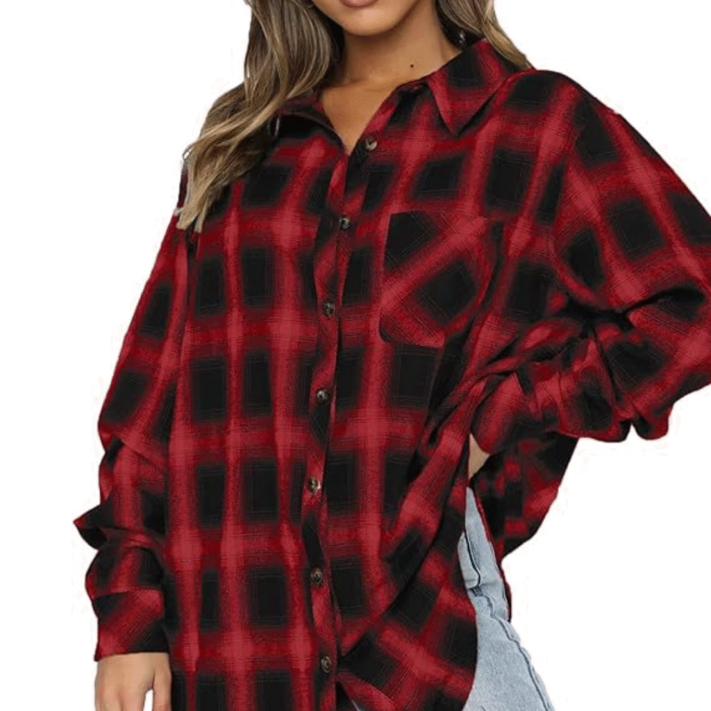 CHYRII women’s button-down flannel shirt styled in a 90s grunge outfit – casual and oversized plaid look
