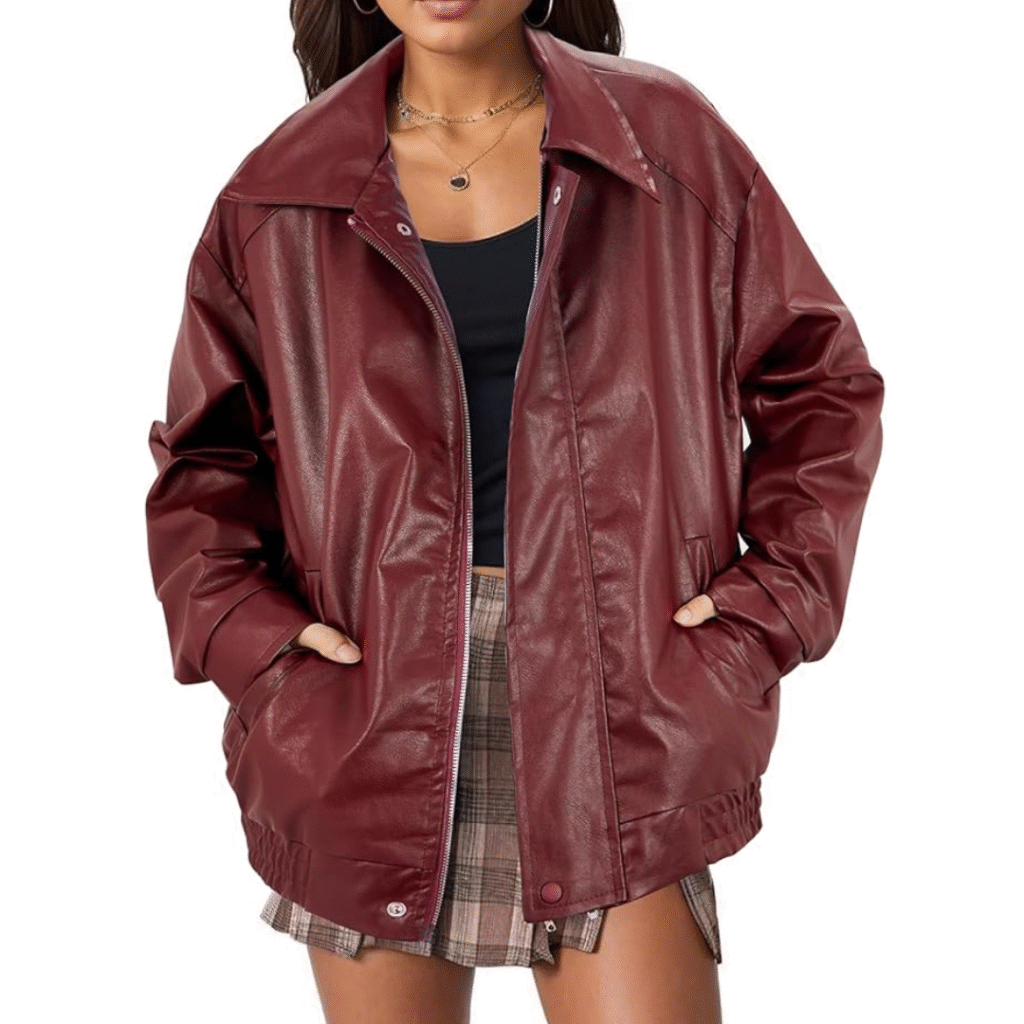 Women’s American Trends leather jacket paired with ripped jeans and band tees – iconic 90s grunge fashion