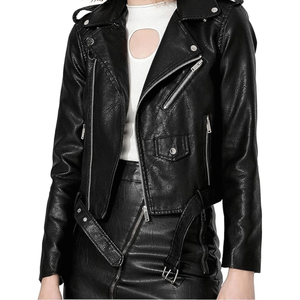 Short moto jacket with faux leather texture – perfect layering piece for authentic grunge style and 90’s fashion