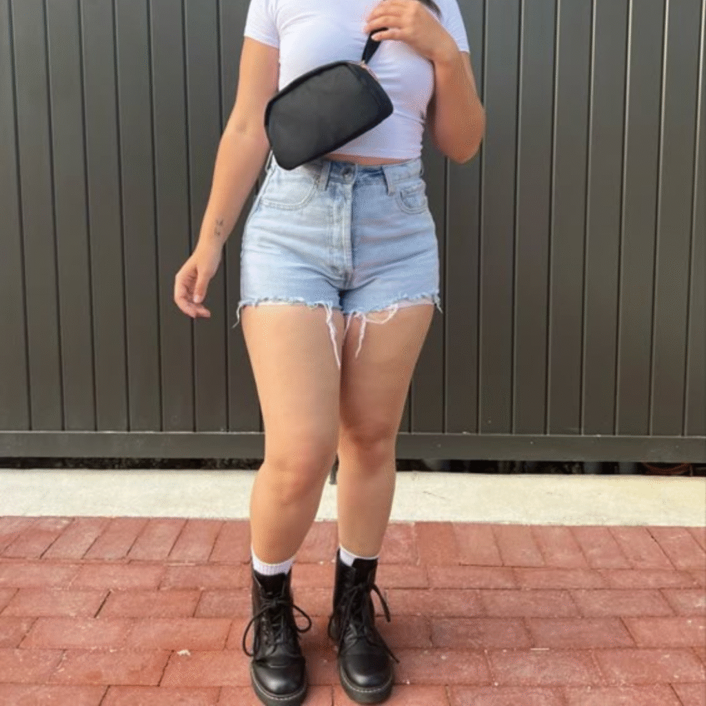 High waisted jeans shorts paired with Dr Martens