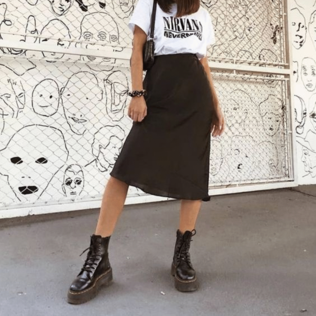 Black Midi Skirt paired with Dr Marten