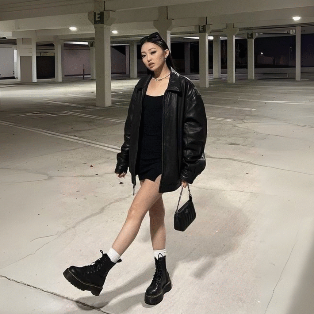 Black Leather Jacket paired with Dr Martens