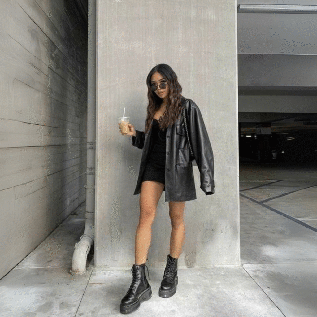 Black Leather Jacket paired with Dr Martens