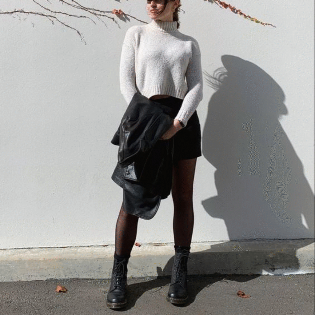 Plain White turtleneck pair with Dr Martens