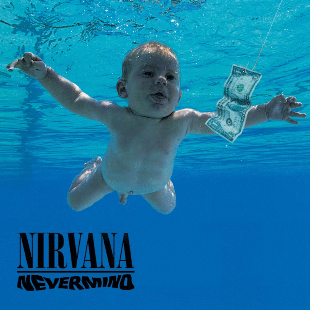 Alt Image Description (150 characters): The iconic Nirvana Nevermind album cover with the baby underwater reaching for a dollar bill—a visual staple of 90s grunge music culture.
