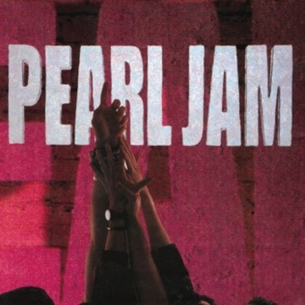 Pearl Jam’s Ten album cover featuring raised hands against a magenta wall, symbolizing unity and raw emotion in grunge music’s rise.