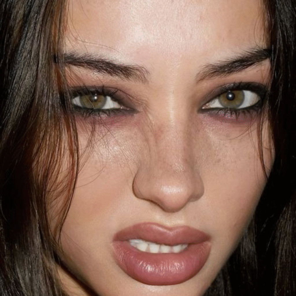 Model wearing messy grunge hair with bold smudged eyeliner and dark lipstick.