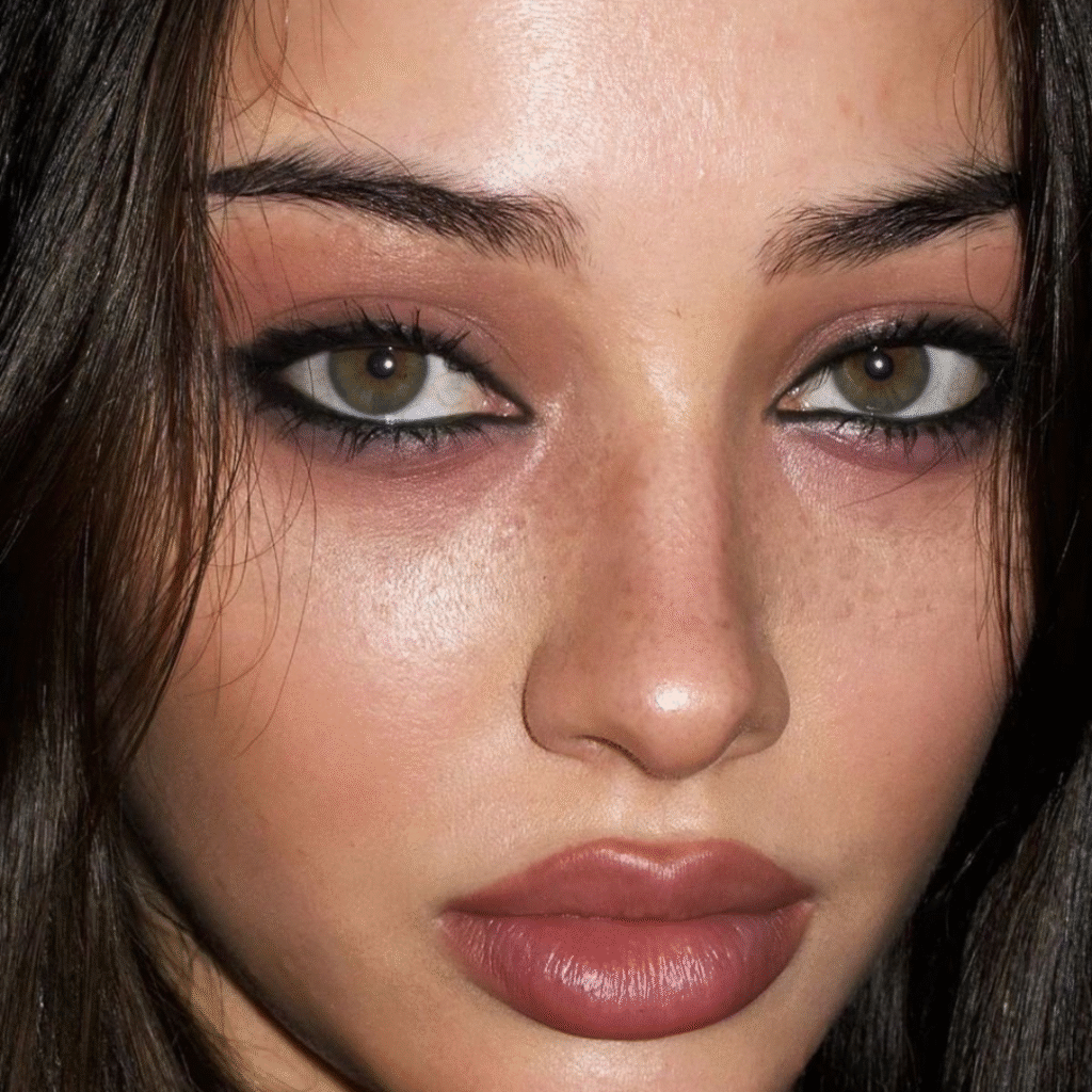 Close-up of grunge makeup with dark smudged eyeliner and tousled grunge hair.