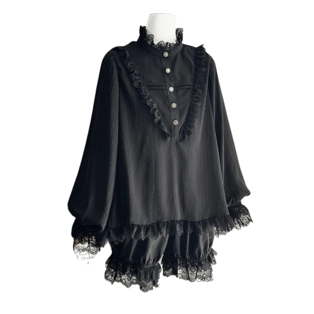 Elegant Ouji Lolita chiffon shirt with lace details and puff sleeves, a versatile ouji style piece blending aristocratic charm and modern fashion.