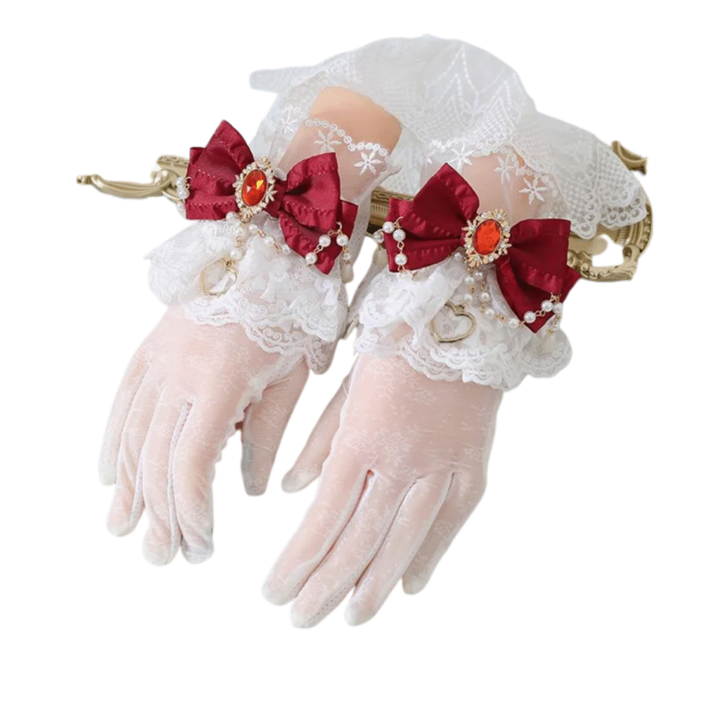 Vintage Lolita gloves with lace bows, a delicate ouji style accessory featuring intricate lacework and elegant Victorian-inspired details.