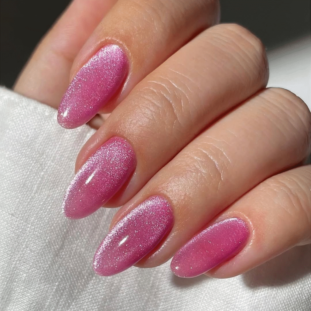 Sparkly purple cat eye nails with magnetic depth and a luxurious finish.