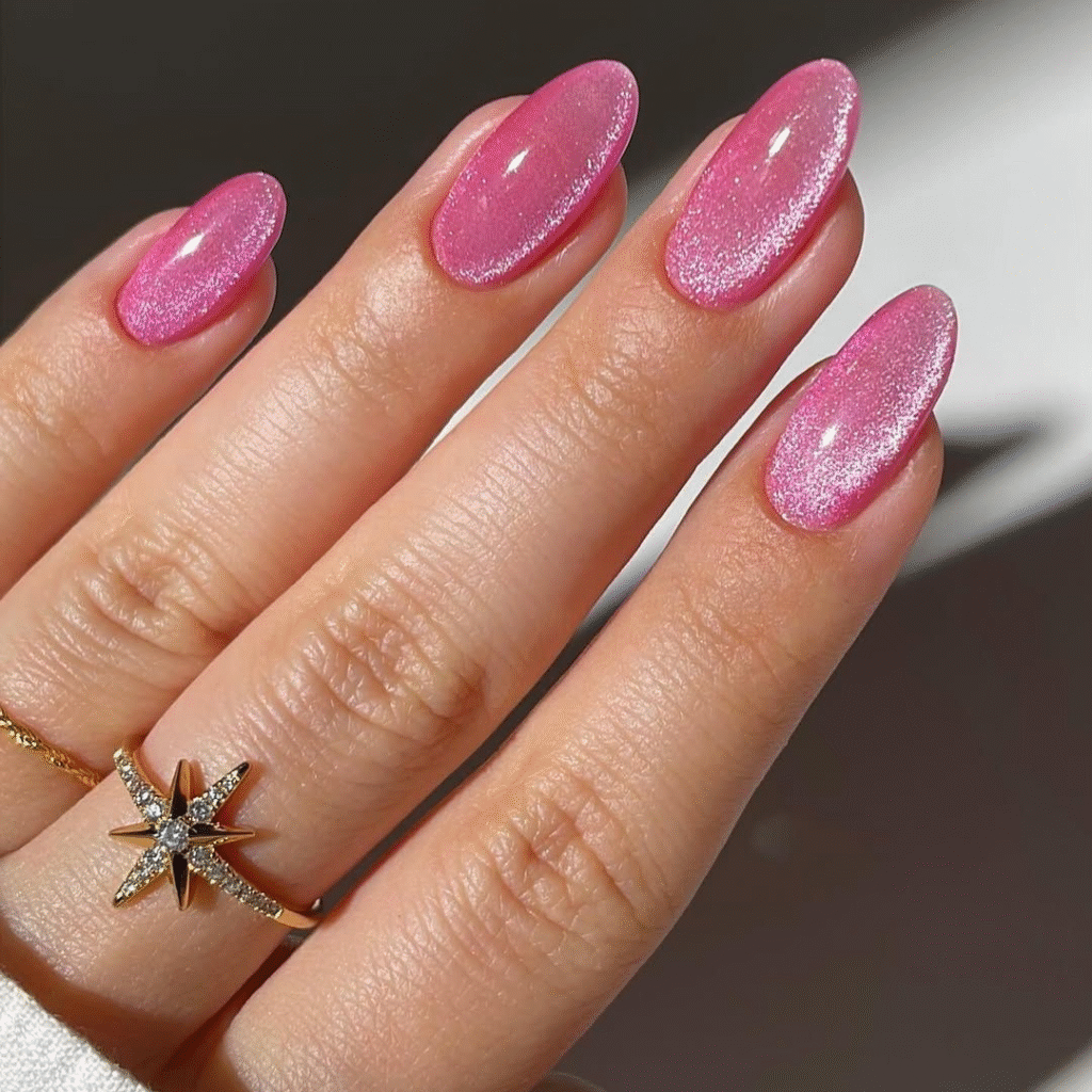 Deep purple cat eye nails with a radiant magnetic glow and glossy shine.