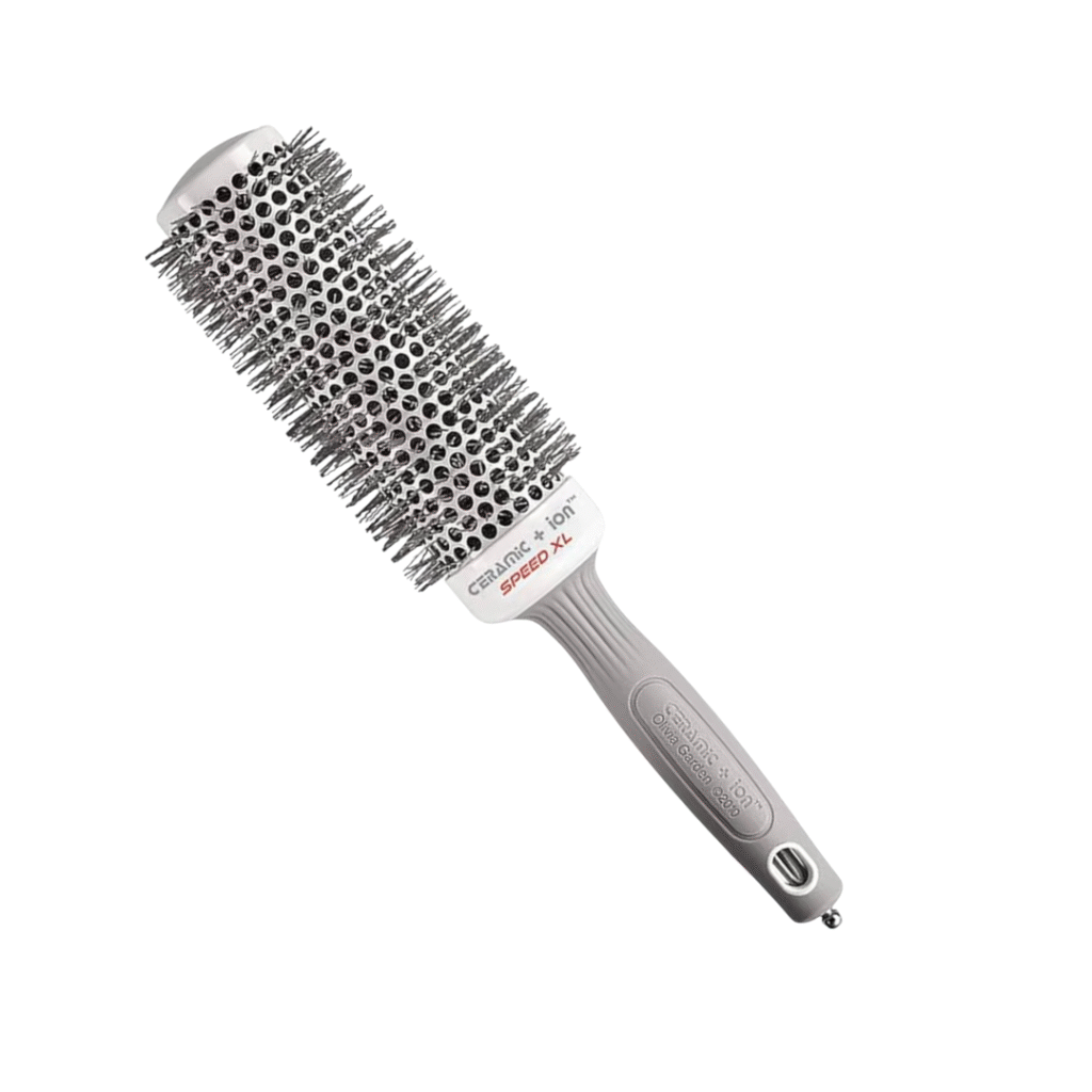 Olivia Garden Ceramic + Ion Round Brush shown as a styling tool used for how to style curtain bangs, creating smooth volume and shape at home.