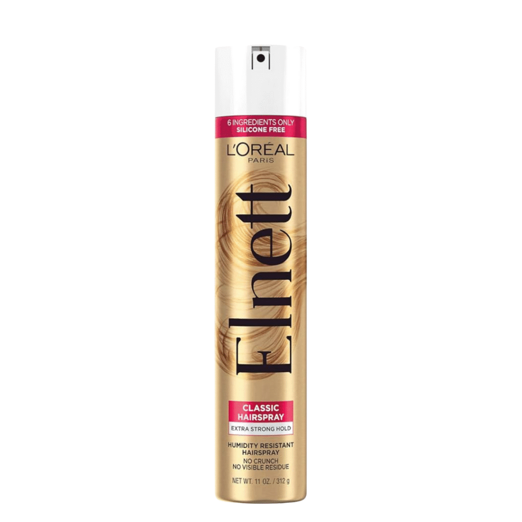 L’Oréal Elnett Satin Hairspray displayed as a finishing product for how to style curtain bangs, providing long-lasting hold and smooth, polished results.