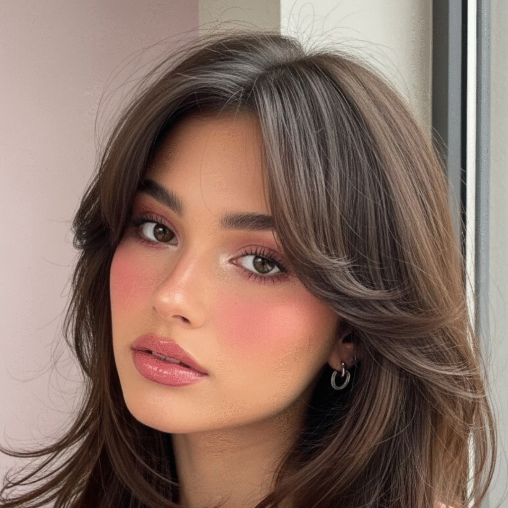 Woman with straight, short hair and tan skin showing face-framing curtain bangs styled simply for everyday wear.