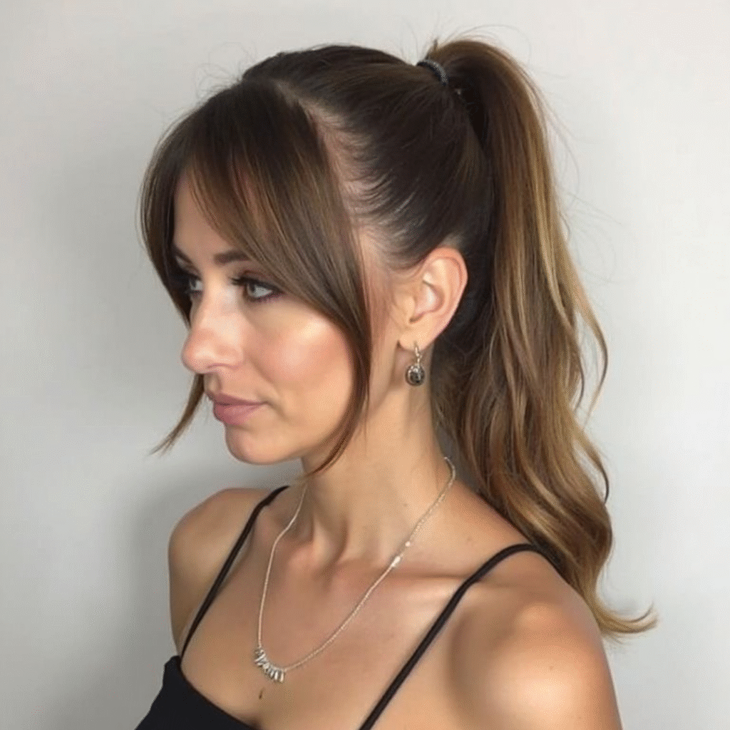 Woman with a high ponytail and loose curtain bangs styled around her face, turned slightly away from the camera.