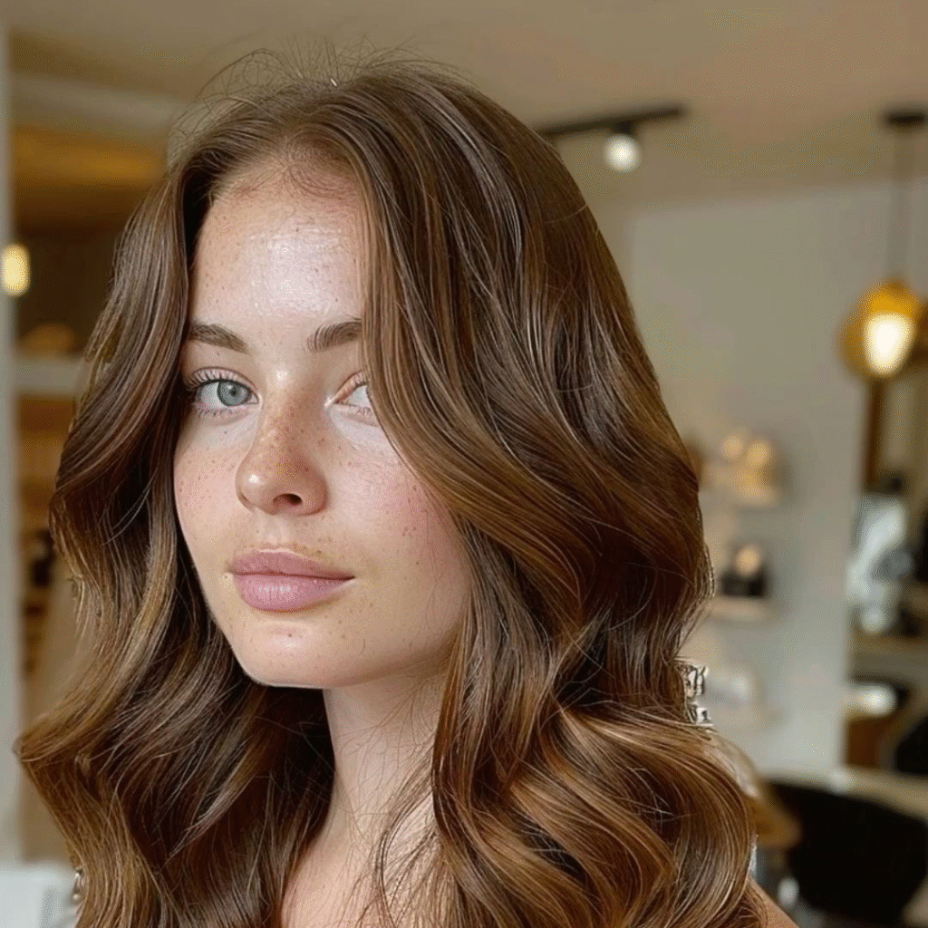 Woman with long, loosely curled brunette hair styled with flowing curtain bangs turned slightly toward the camera.