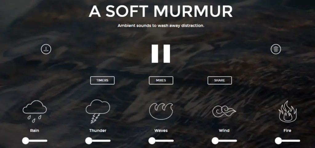 A laptop screen showing A Soft Murmur, a calming sound mixer created to cure boredom with customizable ambient noises like rain, wind, and waves.