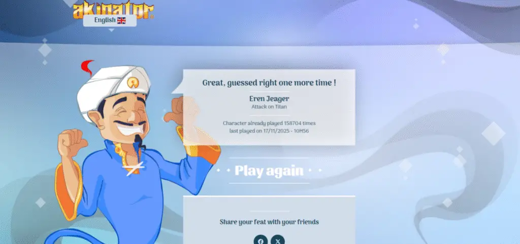 A computer screen displaying Akinator, the web genie game guessing characters, a fun and engaging way to cure boredom online.