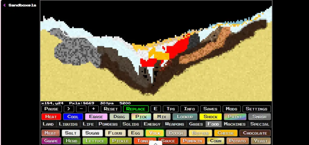 A computer screen displaying the Falling Sand Game, with colorful particles cascading and reacting in real time to create relaxing, boredom-curing patterns.