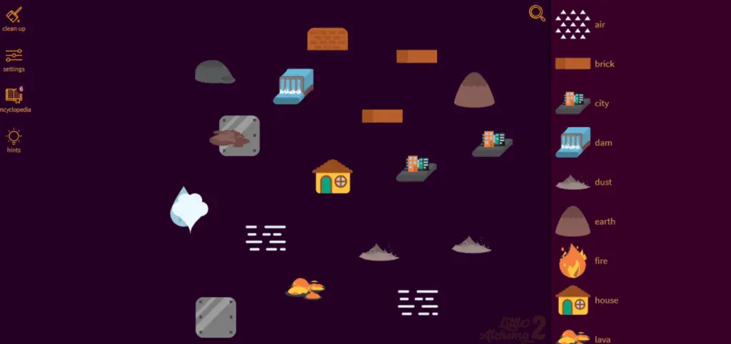 A computer screen displaying Little Alchemy 2, with elements and icons arranged on a bright workspace as players combine items to discover new creations.