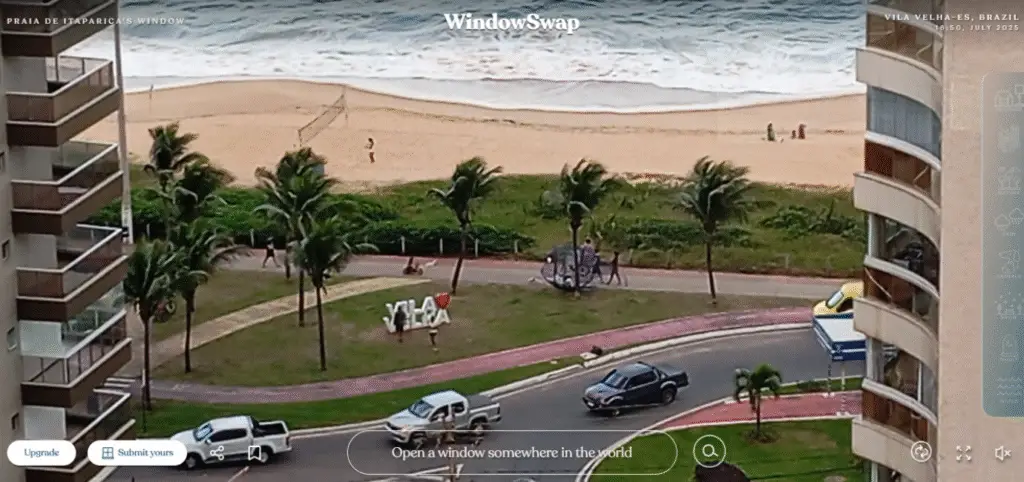 A computer screen showing a calming view through a window, a simple visual escape designed to cure boredom by letting you explore peaceful scenes worldwide.