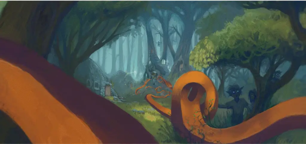 A computer screen displaying the ZoomQuilt, showing an endlessly zooming fantasy illustration that pulls you into surreal art and hypnotic visual depth.