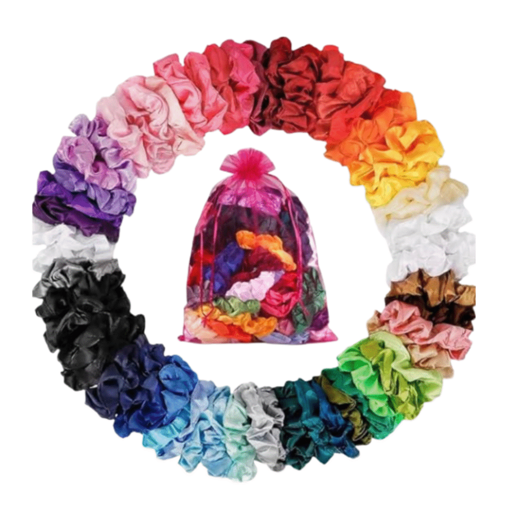 Colorful Claire’s scrunchies used to create playful Y2K hair looks.