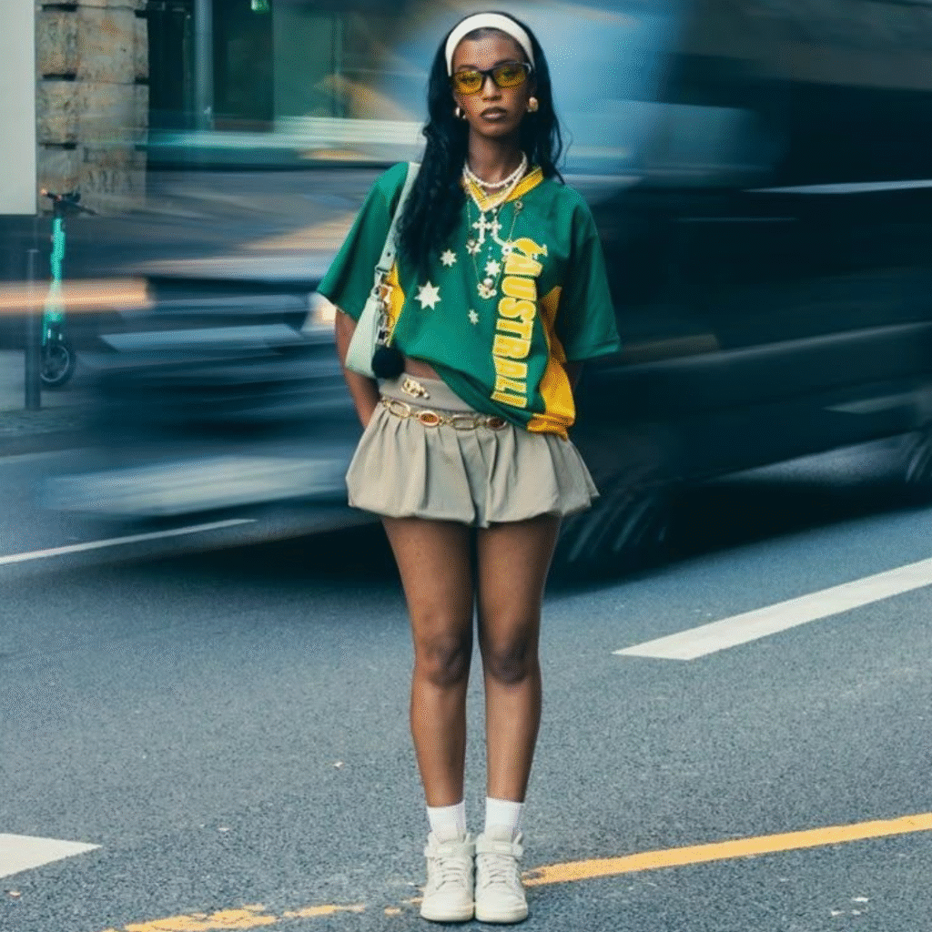 A modern Y2K outfit with a 2025 twist—baggy tee, chains, glam hair, and sneakers blending nostalgia with today’s street fashion.