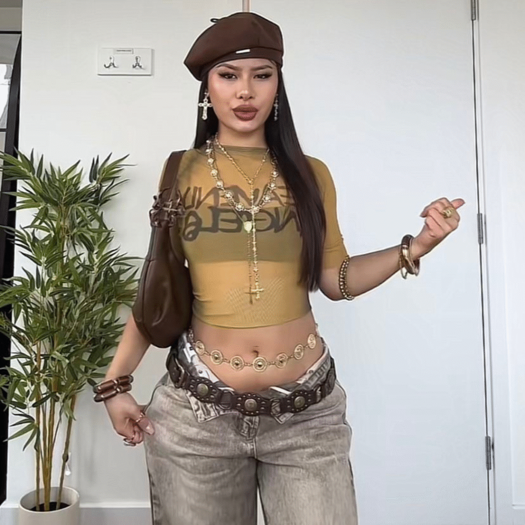 A glam Y2K streetwear outfit mixing sparkle, bold accessories, and iconic 2000s-inspired fashion for standout style.