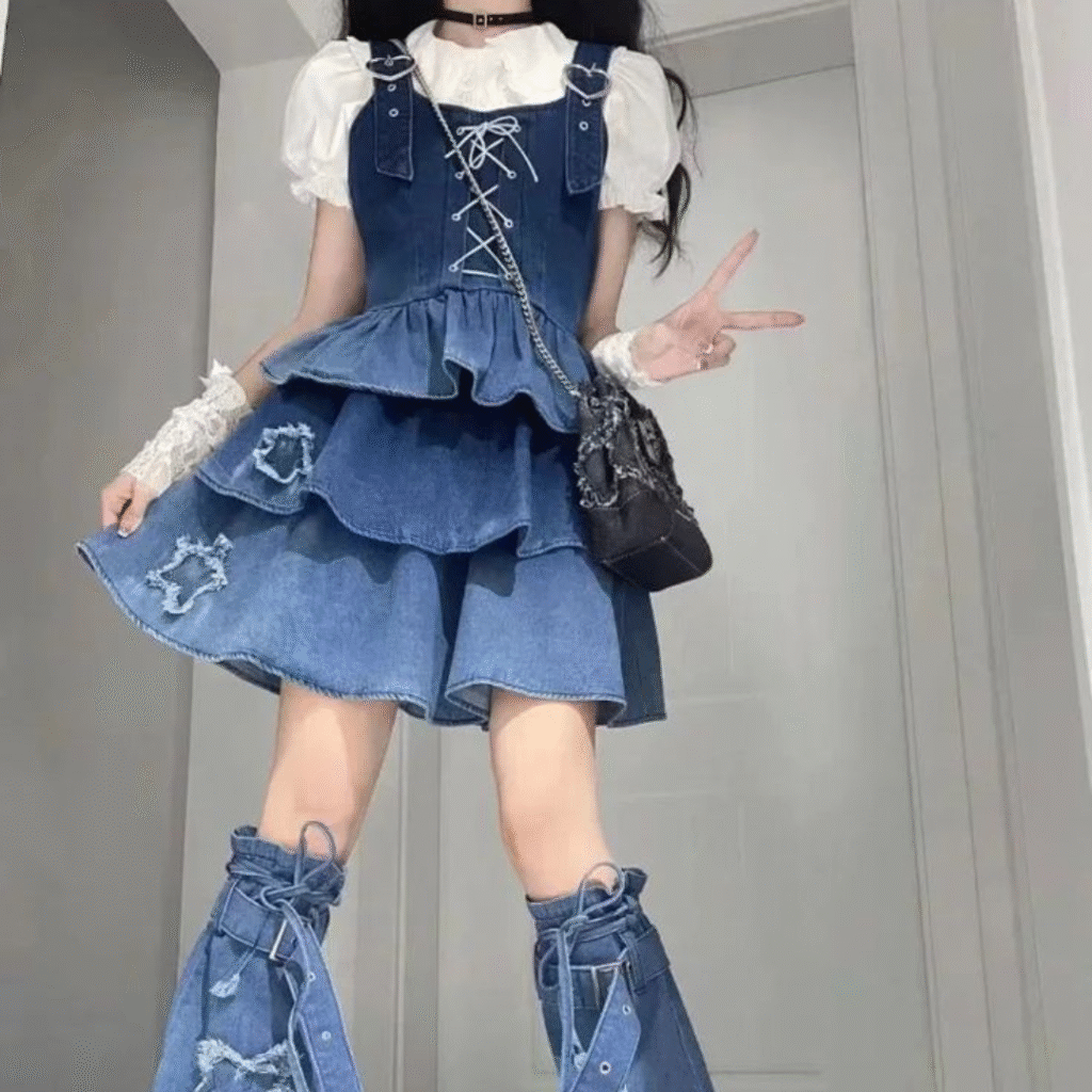 A classic Y2K jean dress with flared details and retro denim styling, capturing the timeless early-2000s look.