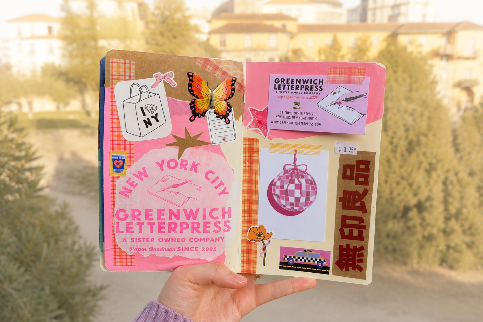 Open journal with a colorful scrapbook-style spread, inspiring ideas for how to start journaling creatively.